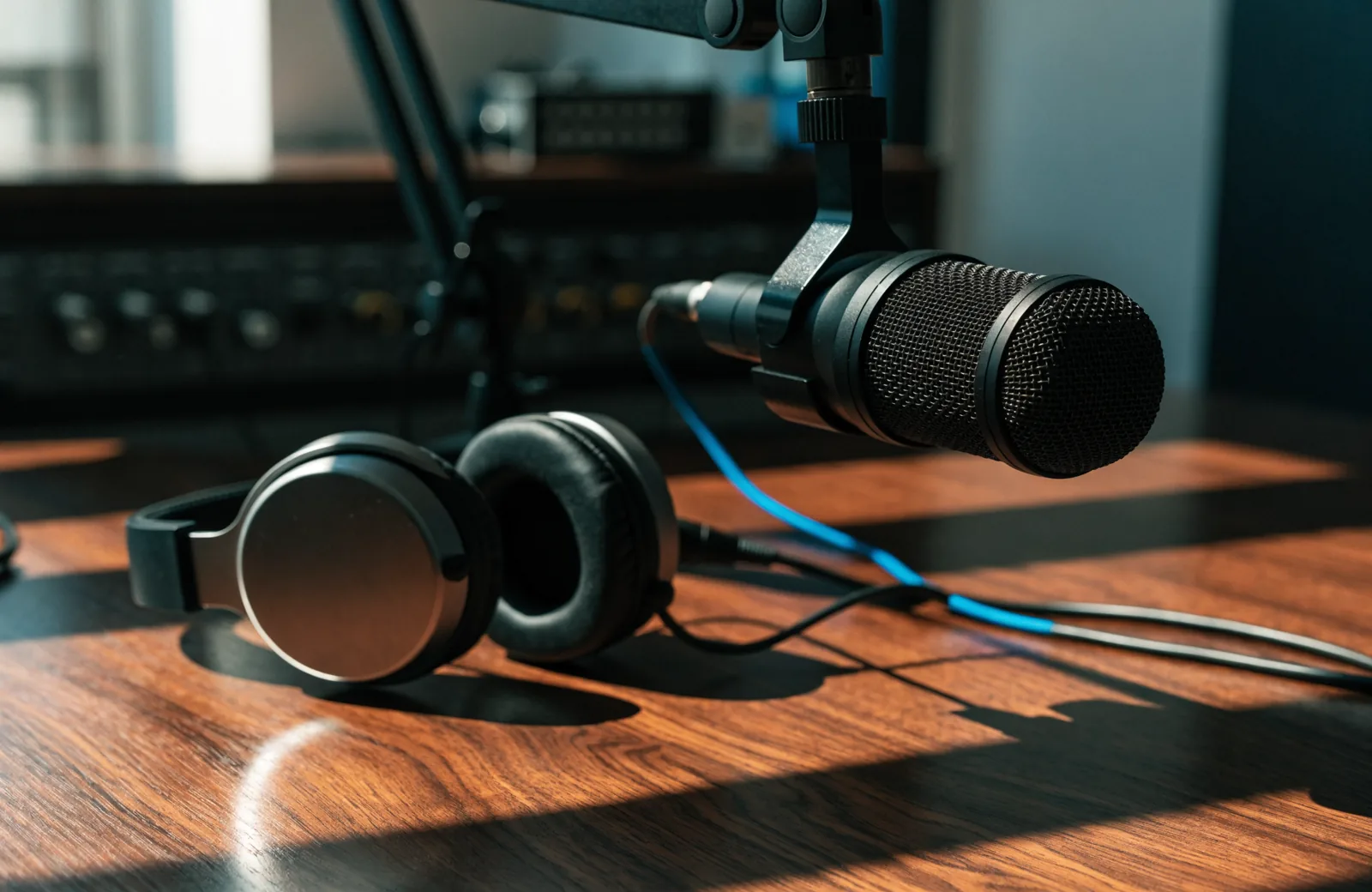 Illustration IA : microphone et casque dans un espace de podcast.